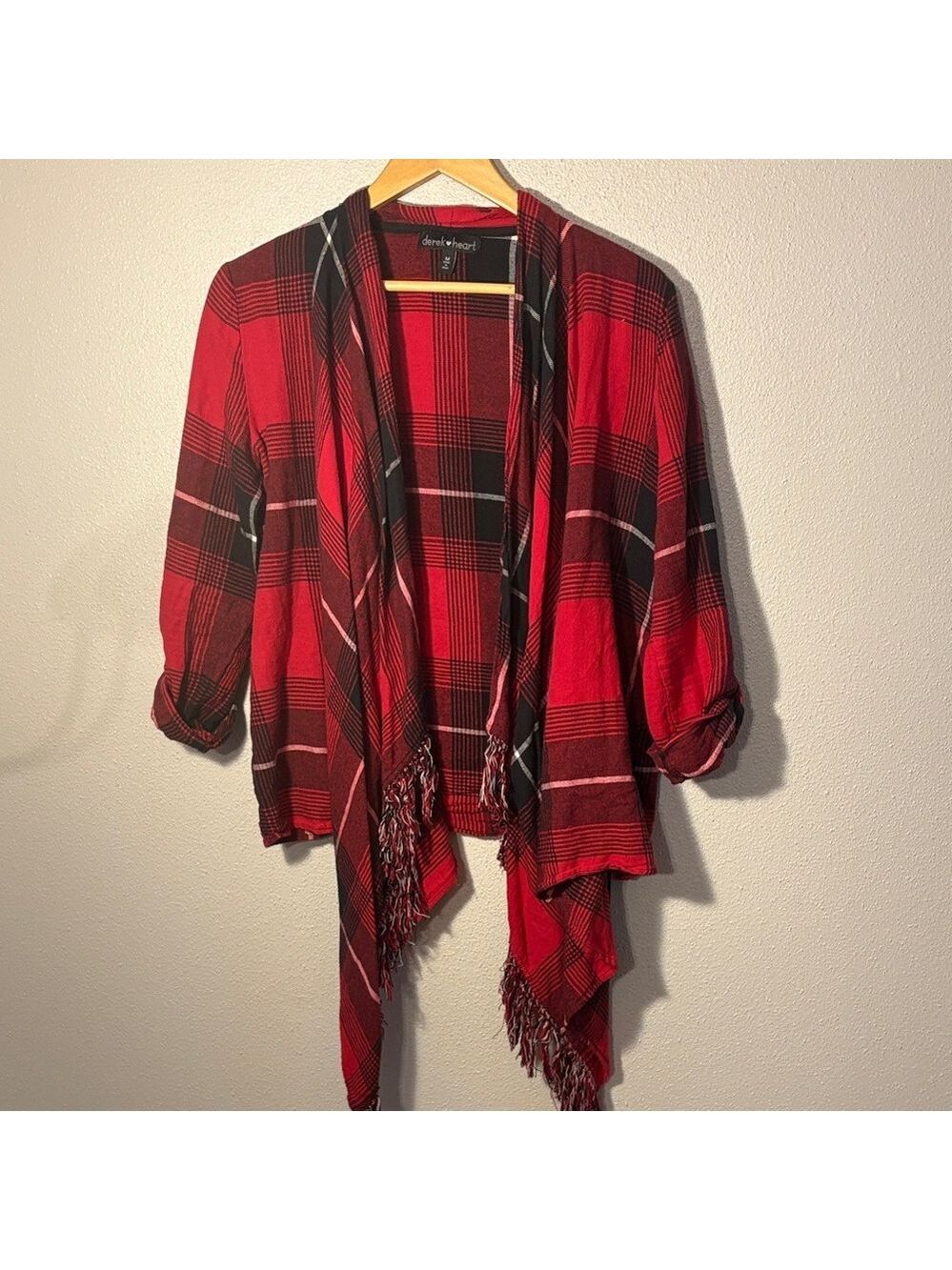 Red and Black Fringe Plaid Cardigan
